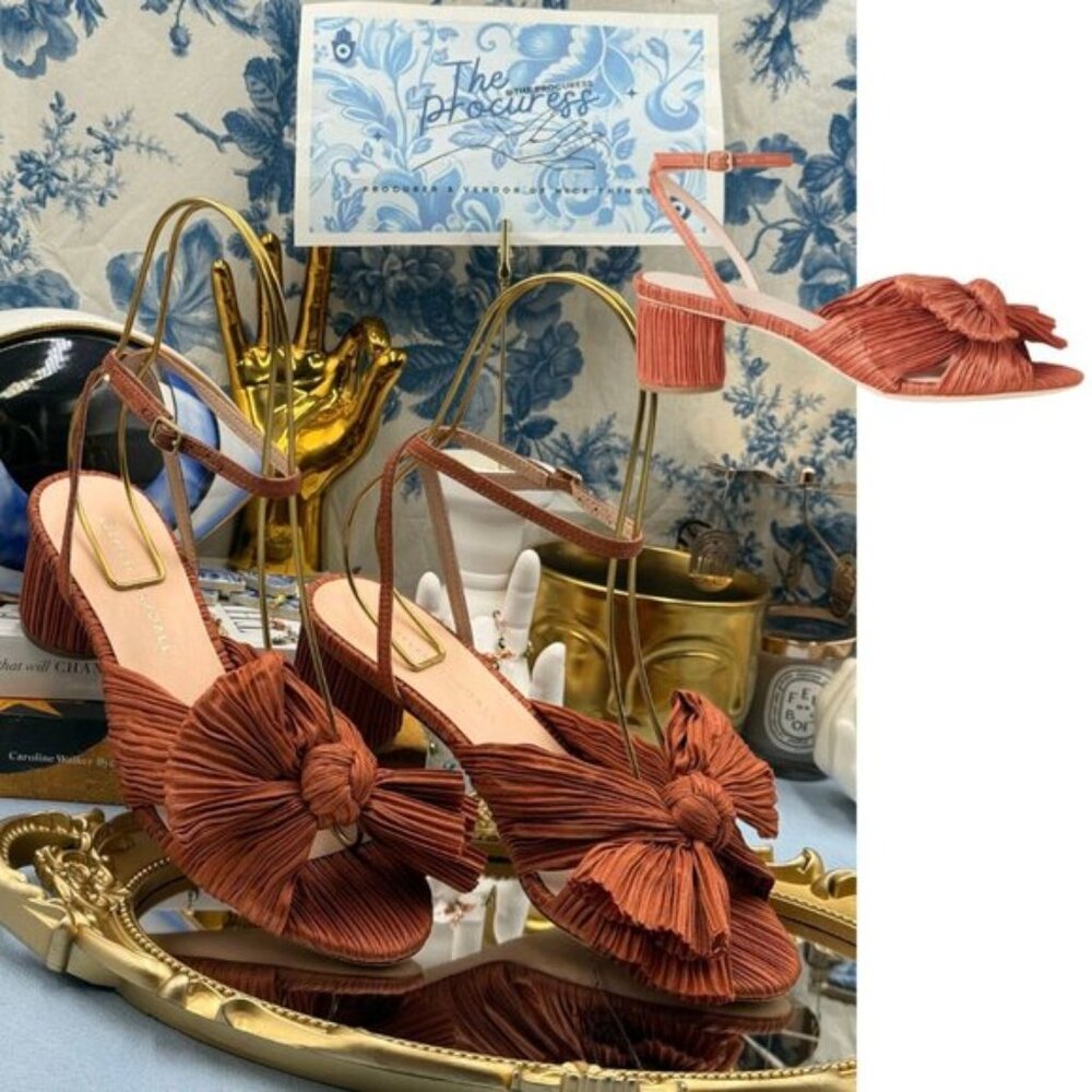 🆕 LOEFFLER RANDALL 🧿 NWOT Dahlia Terracotta Pleated Bow Mid Heel, Sz 7